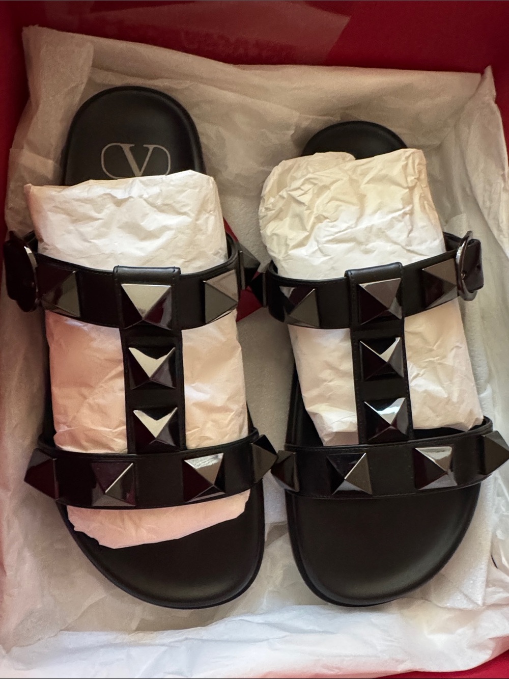 Valentino Black Pyramid Stud Leather Slide Sandals